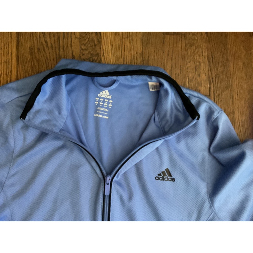 Adidas Womens Light Blue Full Zip Track Jacket Mock Neck Black Stripe Size M